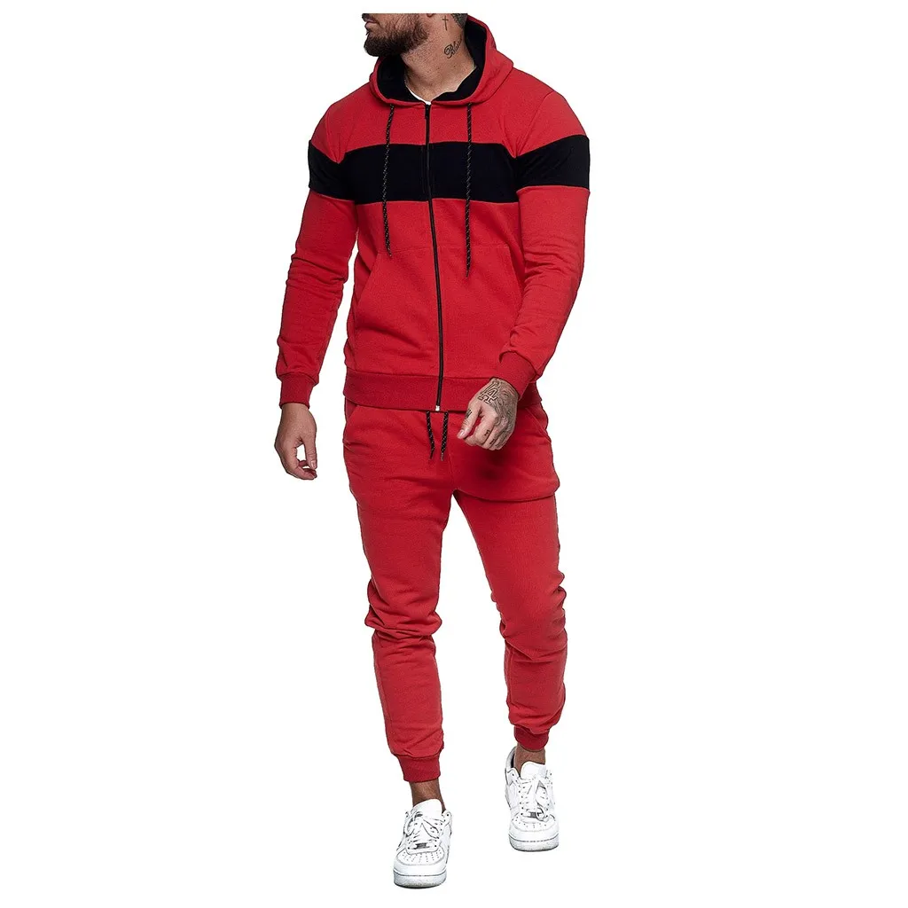 2020 new Autumn and winter Men's Sets hoodies+Pants Harajuku Sport Suits Splicing Zipper Sweatshirt Top Pants Suit | Спорт и