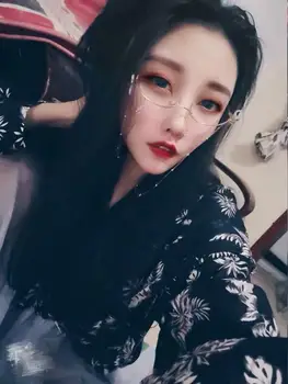 

Lower half frame water drop glasses frame female net red with decorative chain pendant glasses empty frame ins glasses frame