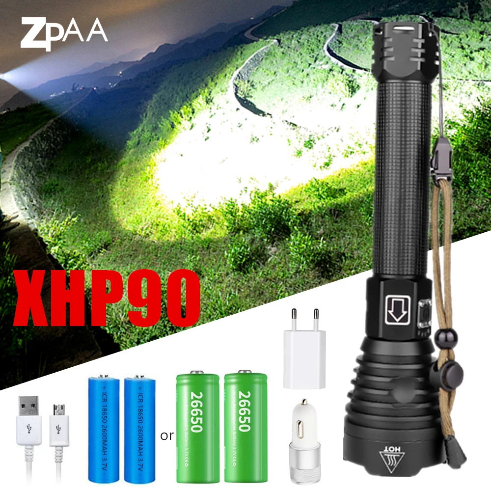 XHP90 мощные аккумуляторные светодиодный фонарик с индикатором батареи