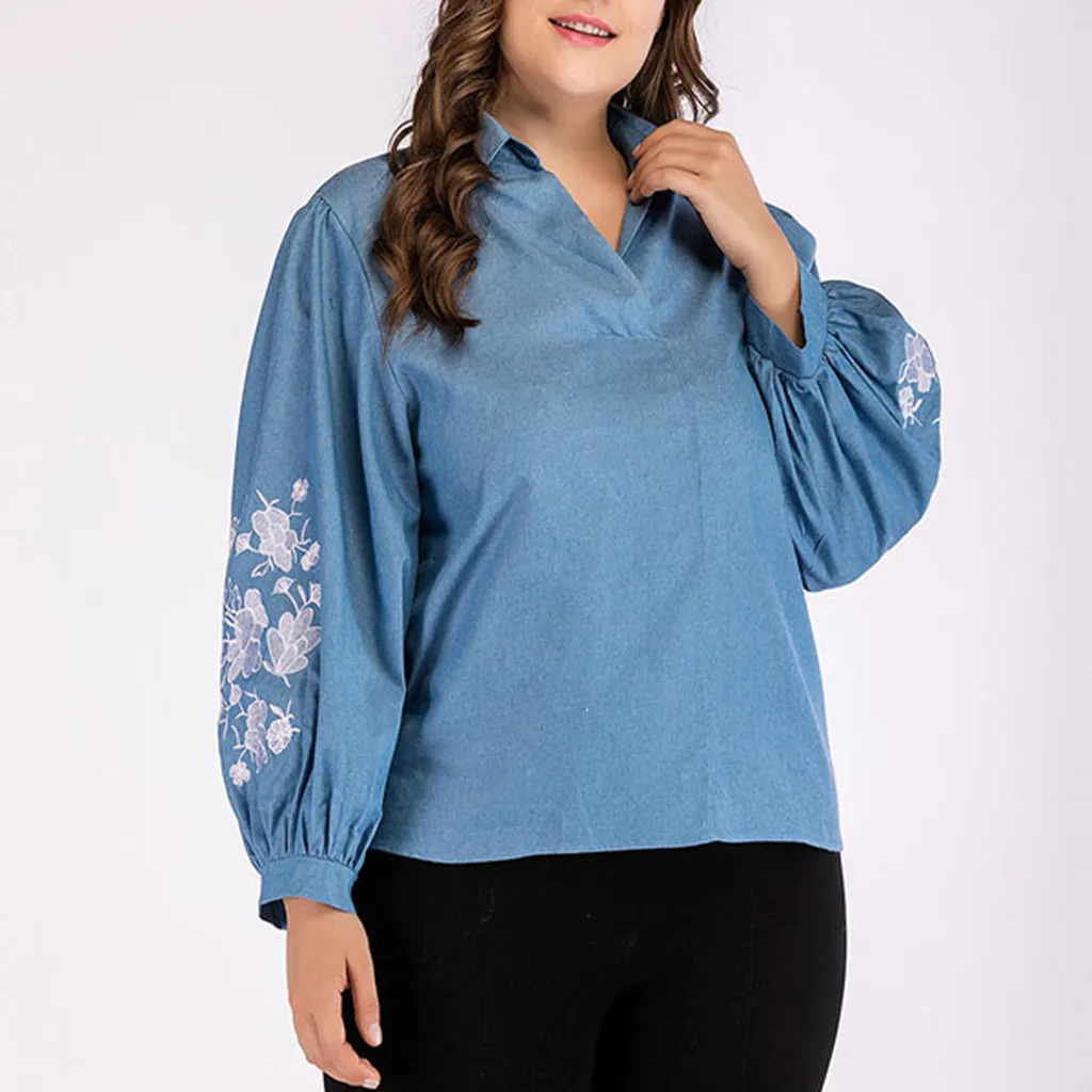 

2019 Women Tops Plus Size Casual Embroidery Ladies Long Sleeve V-Neck Top Blouse 8.19