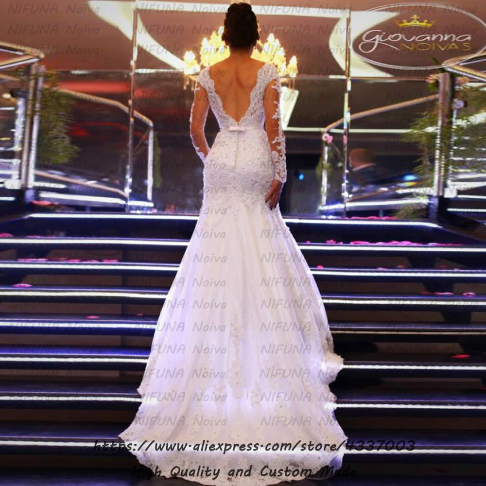 Robe Mariage сексуальное свадебное платье русалки с v-образным вырезом белое кружевное свадебное платье с открытой спиной и длинным рукавом vestido noiva sereia