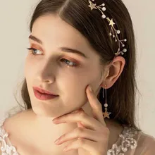 Свадебные серьги, повязка на голову, ювелирный набор, золотой богемный головной убор, кристалл, жемчуг, волосы, лоза, звезда, Halo, свадебные аксессуары для волос