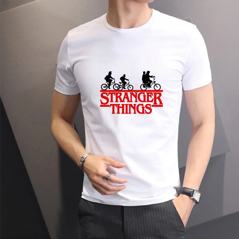 

Lus Los Stranger Things 3 Fun Men's T-Shirt Eleven Cartoon Printed T-Shirt Upside-Down Men's T-Shirt Casual Fashion White T