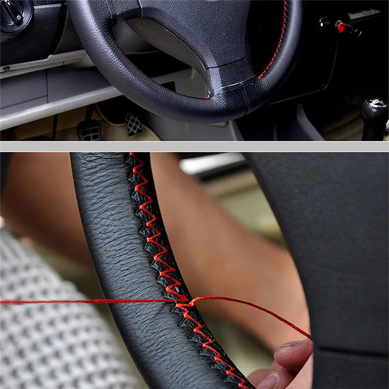 Универсальный чехол из искусственной кожи DIY для рулевого колеса автомобиля с иглами и резьбой черный и красный чехол для рулевого колеса