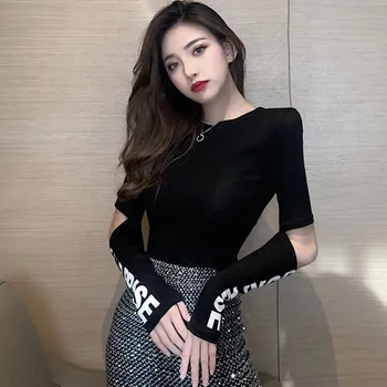 

Women Sexy T-shirts Fashion Letter Printed Long Sleeve Slim T-shirt Round Neck Solid Color Casual Tops Feme