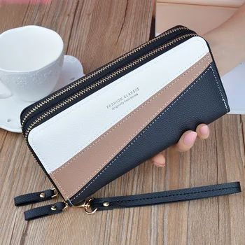 

New style double zipper wallet ladies long clutch Korean version stitching contrast color large capacity double wallet mobile