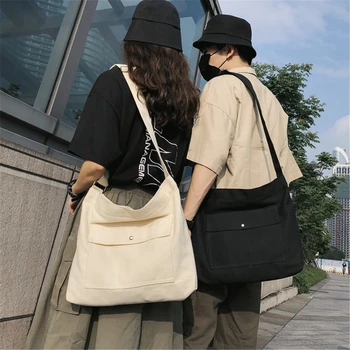 

Unisex Harajuku Style Canvas Bags Large Capacity Shoulder Bag Solid Color Crossbody Bag for Women 2020 Trend Ladies Hand Bags