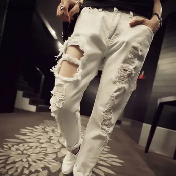 

Trousers Women White Korean Style BF Hole High Waist Jeans Womens Pockets Full Length Zipper Simple All Match Loose Females Chic