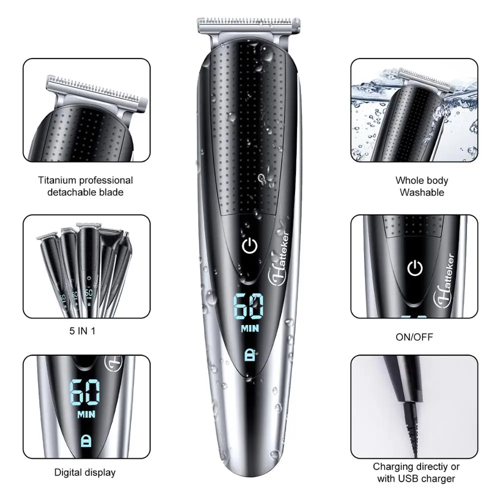 HATTEKER Professional Hair Trimmer Hair Clipper for Men Rechargeable electric razor 5 in 1 Nose Ear Hair Trimmer hair Cutting