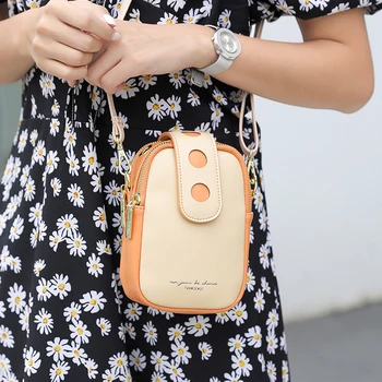 

Sweet Two Pockets Cell Phone Crossbody Bags for Women Contrast Small Shoulder Bag Female Ladies Soft PU Leather Purse Handbags