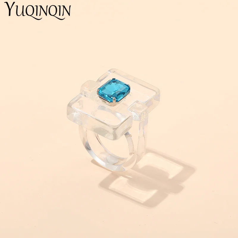 Girls Finger Rings Resin Rhinestone Crystal Punk Geometric Square Big Rings for Women Fashion Jewelry Party Gifts