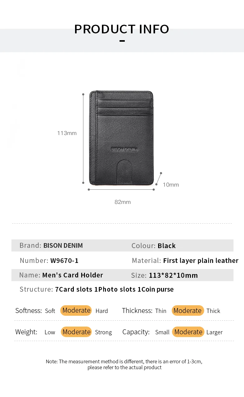 BISON DENIM – portefeuille minimaliste en cuir véritable pour hommes, porte-cartes de crédit, blocage RFID, W9670-1B