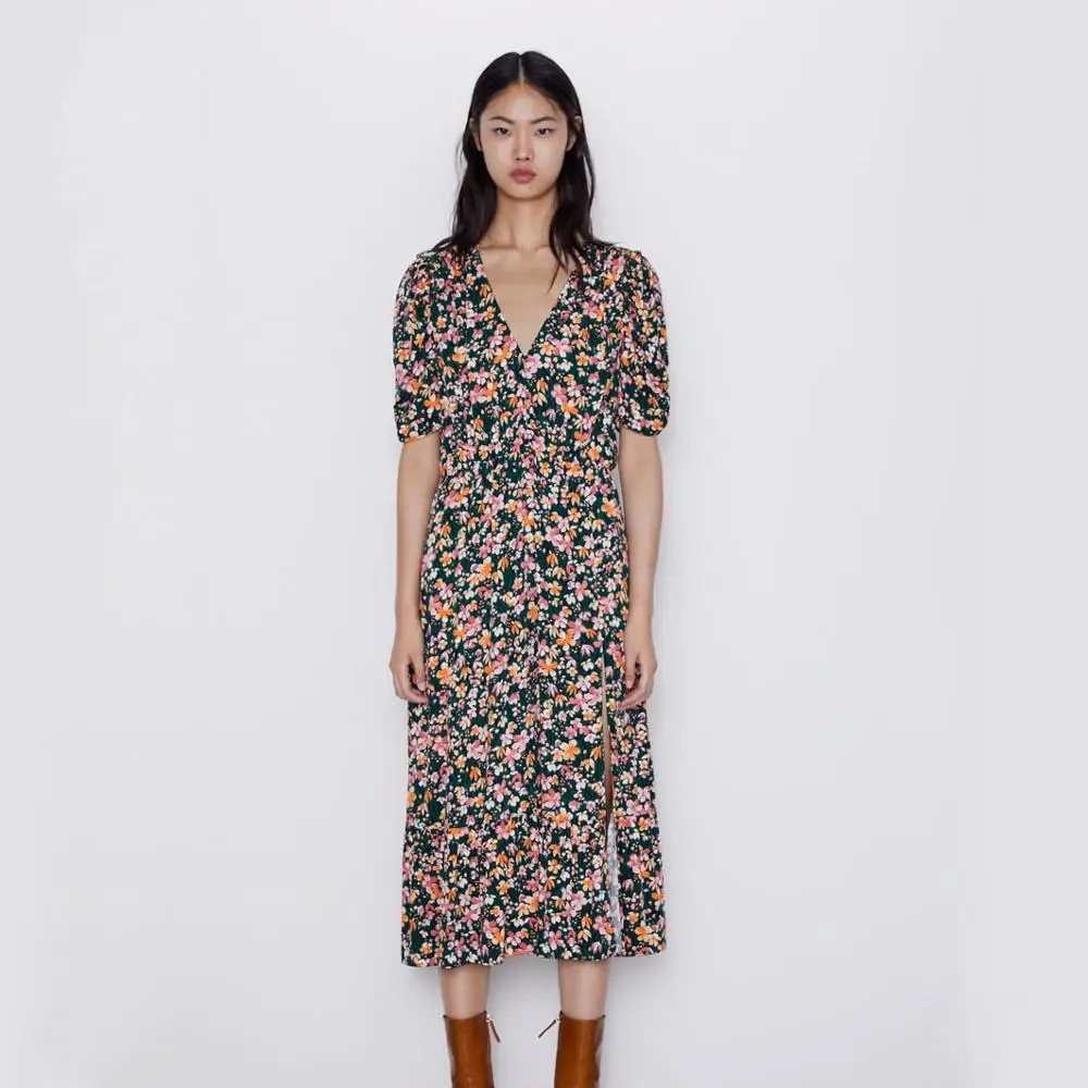 

2019 ZA Newly Fashion Printing Dress Woemn Summer Hot Sale Vintage Trendy Casual Bohomain Slit Sexy Dress Wedding Party Clothing
