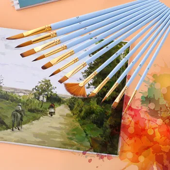 

12 Artist Watercolor Painting Brushes Brush Oil Acrylic Flat&Tip Paint Kit