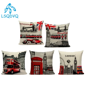 

New British Style London Home Textile Decorative Sofa Cushion Cover Throw Pillow Case Vintage Cotton Linen Pink Red Pillowcases