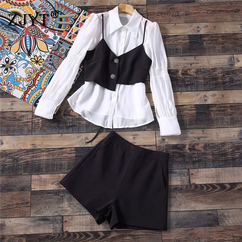 

High Quality Fashion Women's Runway Set 2020 New Spring Office Lady Outfits Long Sleeve White Blouse+Vest+Shorts 3Piece Sets