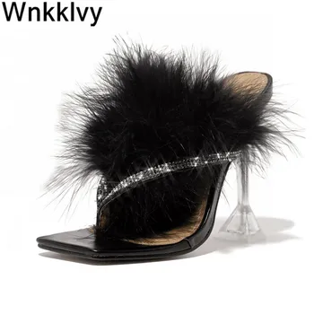 

Feather Flip Flops Clear cup high Heel Sandals Women Rhinestone Glitter clip toe fur Slippers Summer Party dress Shoes runway