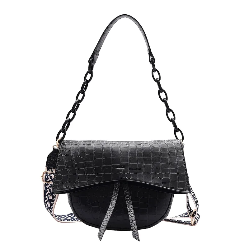 FUNMARDI, винтажные седельные сумки из крокодиловой кожи, женские сумки на плечо с широким ремешком, сумки-мессенджеры из искусственной кожи, женская сумка WLHB2117 - Цвет: Черный