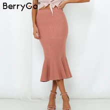 BerryGo, сексуальная трикотажная облегающая юбка средней длины, женская элегантная Офисная Женская одежда для работы, юбка с рюшами, Русалка, Женская Осенняя зимняя длинная юбка