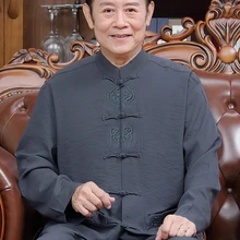 Летняя Вышивка Дракон печати Блузка Топы для мужчин Тан костюм Китайский традиционный ханьфу футболка кунг-фу пальто отец Восточный кардиган