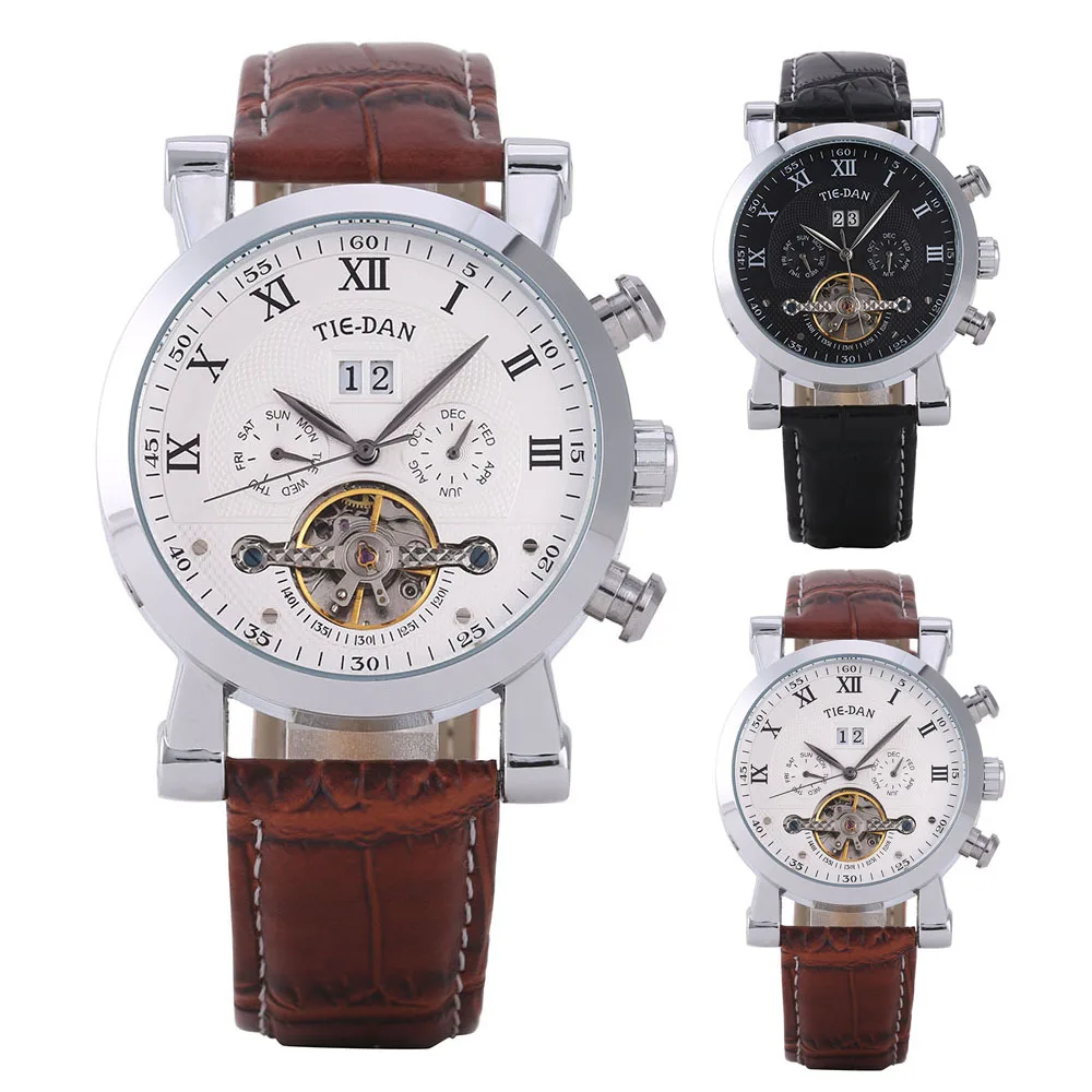 

Tie-Dan with Month Calendar Week Rome Measuring Hollow out Fully Automatic Machinery Leather Strap Watch