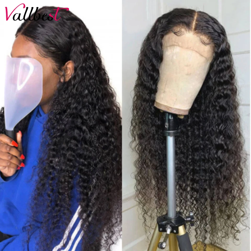 Vallbest-Peluca de cabello ondulado con encaje 13*1 + 4*1, pelo brasileño Remy, peluca en forma de T, prearrancada de 150 de densidad con pelo de bebé para mujer