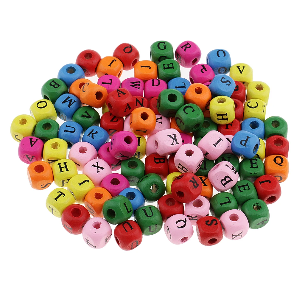 100 Piece Mini Wooden Alphabet Letters Printed Cube Beads for Jewelry Making Craft 10mm