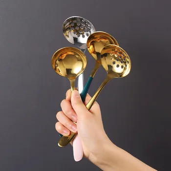 

New Moon Korean Style Soup Spoon Household Leakage Spoon Large Size Deepened 304 Stainless Steel Long Handle Spoon Kitchenware H