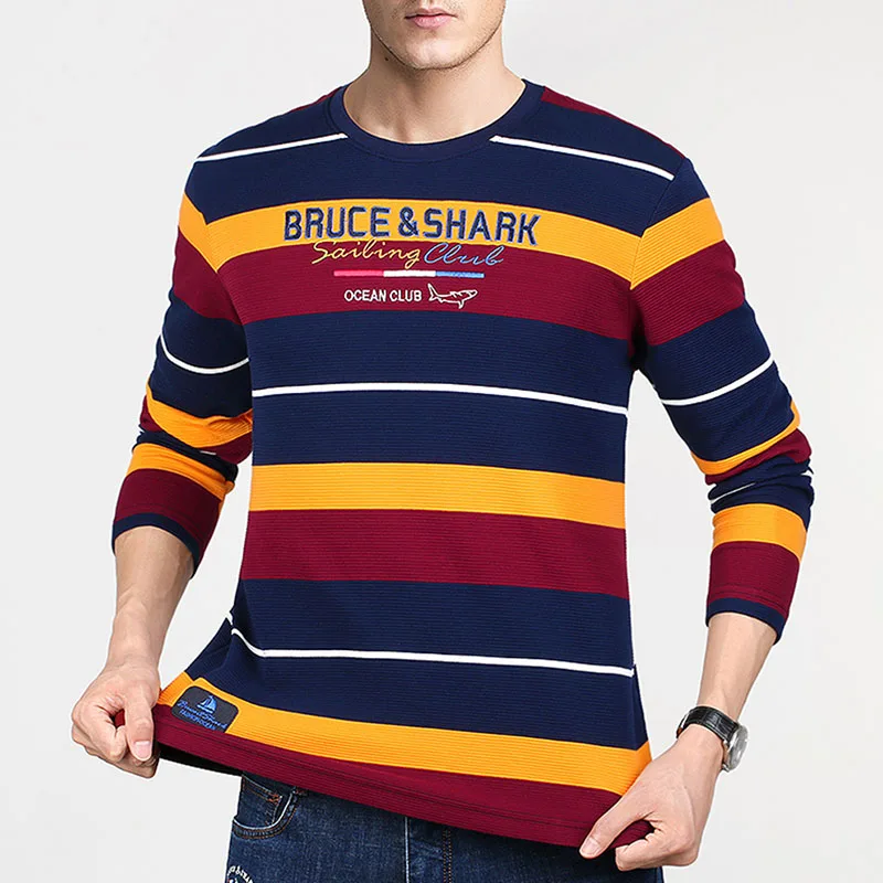 

Bruce&Shark Full Sleeve Men Shirt Plus Size TO 4XL Cotton 95% Fashion Casual Best Embriodery Male Tees Strip Round Thick 2351