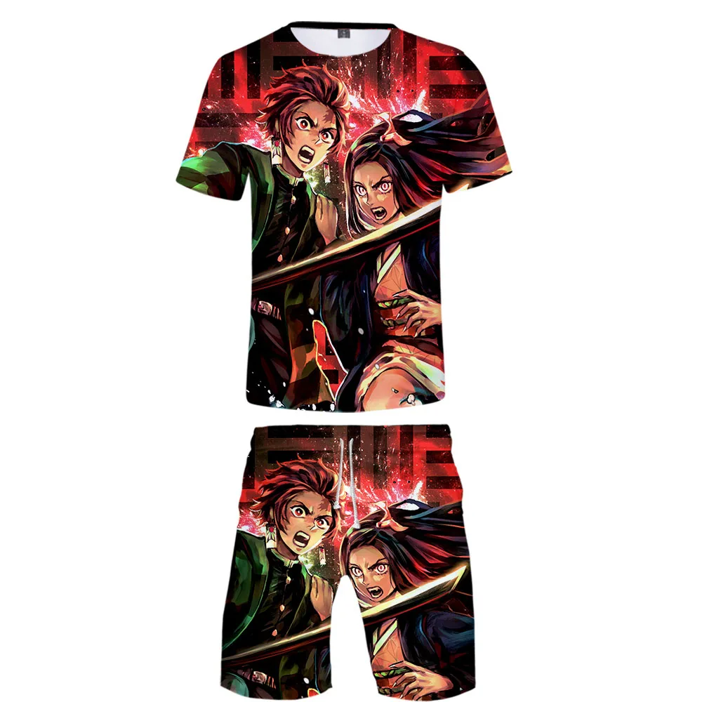 Demon Slayer Kimetsu no Yaiba Cool Harajuku Fashion New Arrival 3D Streetwear two piece set O-neck tshirt and shorts Men's Set Demon Slayer Kimetsu no Yaiba Cool Harajuku Fashion New Arrival 3D Streetwear two piece set O-neck tshirt and shorts Men's Set
