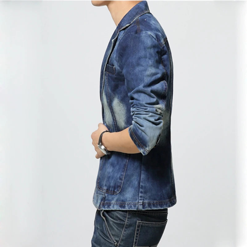 Весенняя приталенная джинсовая куртка, костюм для мужчин, модный брендовый Мужской Блейзер, мужской повседневный костюм с эффектом потертости, джинсовая куртка для мужчин, большой размер 4XL