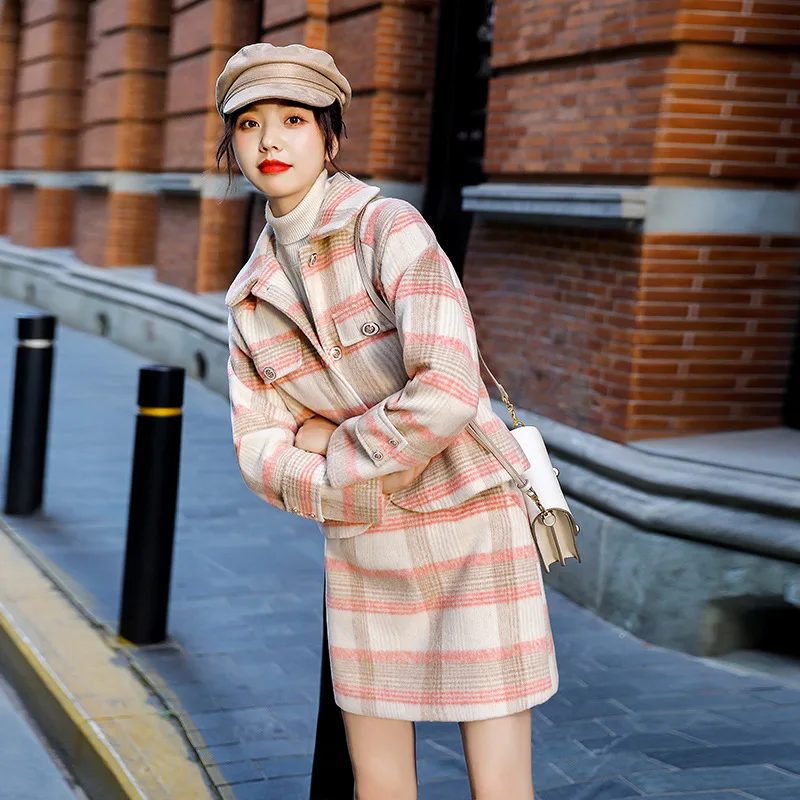

Autumn And Winter Graceful Plaid Long-sleeved Coat Woolen Short Skirt WOMEN'S Suit Korean-style Petite Short Skirt Two-Piece Set