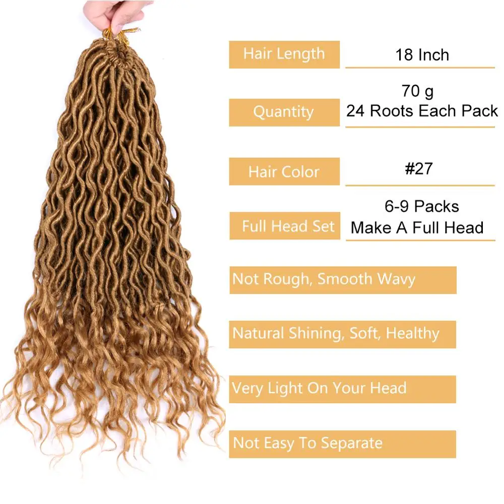 Mtmei Hair Goddess Faux Locs Crochet Hair 18&ldquo; 24Strands Wave Dreadlocks Black Brown Burgundy Ombre Braiding Extensions
