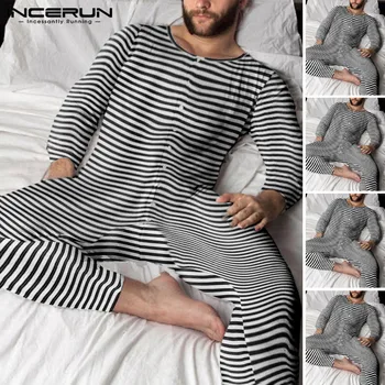 

INCERUN Men Striped Bodysuit Onesies Long Sleeve Round Neck Jumpsuit Sleepwear Fitness Sexy Homewear Buttons Pajamas Rompers 5XL