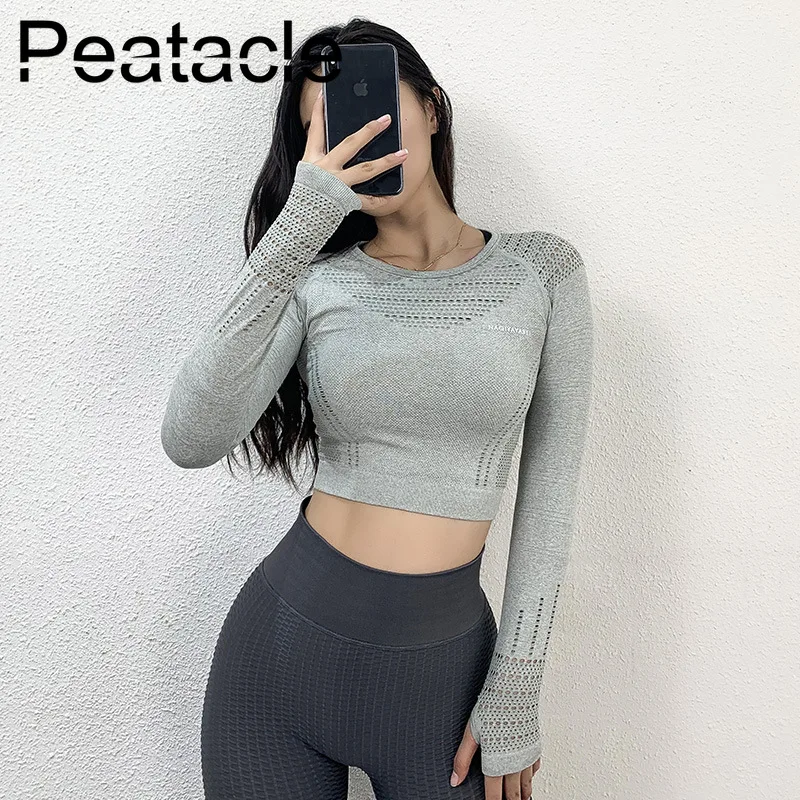 Peatacle длинный рукав, для йоги Топ женский для фитнеса Топы бесшовные рубашка тренировочный спортивный спортзал Бег тренировки быстросохнущая лайкра
