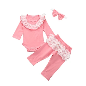 

Toddler Baby Girl Clothes Lace Ruffles Pink Stylish Tops Pants Headband Fall 3Pcs Newborn Infant Clothing Girls Outfits Sets