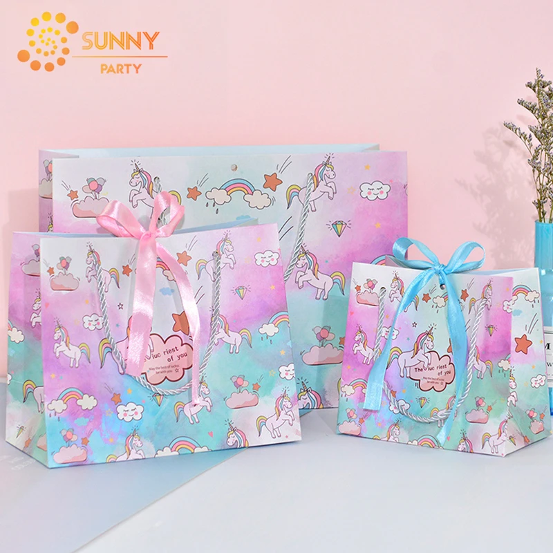 

Pink Blue Ribbon Unicorn Package Bag Paper Tote Bags Unicorn Party Kids Birthday Gift Souvenir Packaging Bag Supplies Wholesale