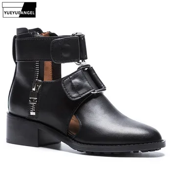 

British Summer New Womens Cowhide Hollow Out Zipper Motorcycle Sandals Genuine Leather Pointed Toe Punk Female High Top Sandals