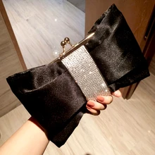 

Women Luxury Designer Handbags Satin Crossbody Bag 2021 Girl Shopper Purse Fashion Black Rhinestone Bow Party Clutch Evening Bag