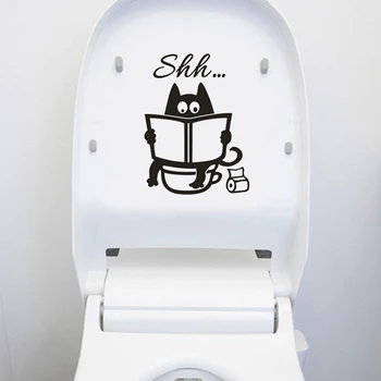 

Cute Cat Reading Book Pattern Toilet Wall Stickers Unique Accessories Removable Decal Creative Washing Room Decorations
