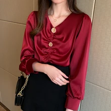 Korean Fashion Women Silk Blouses Women Satin Shirt Plus Size Elegant Woman Spring V-neck Blouse Shirts Womens Tops and Blouses