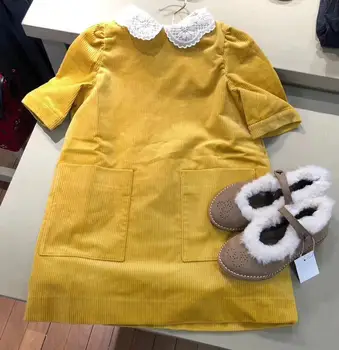 

Autumn Winter Girls Dress Yellow Color Lace Collar Corduroy Cute Toddler Baby Girls Dresses