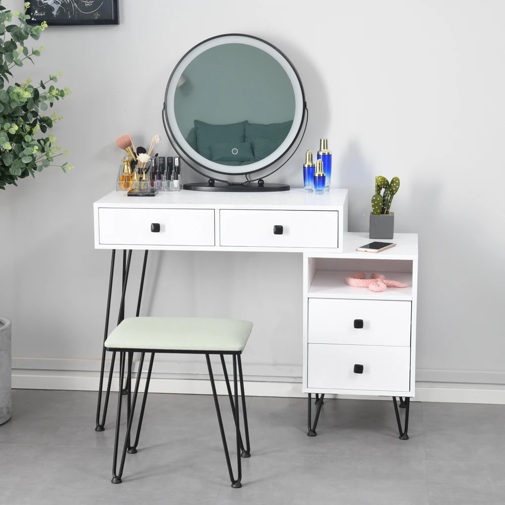 

Dresser Makeup Desk Table Iron Solid Wood Storage Cabinet 2 Color with Large Round Mirror & Dressing Stool for Bedroom[US-Stock]