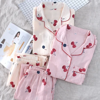 

100% Cotton double gauze pajamas ladies four seasons thin section large size cotton yarn long sleeve pajama set home service