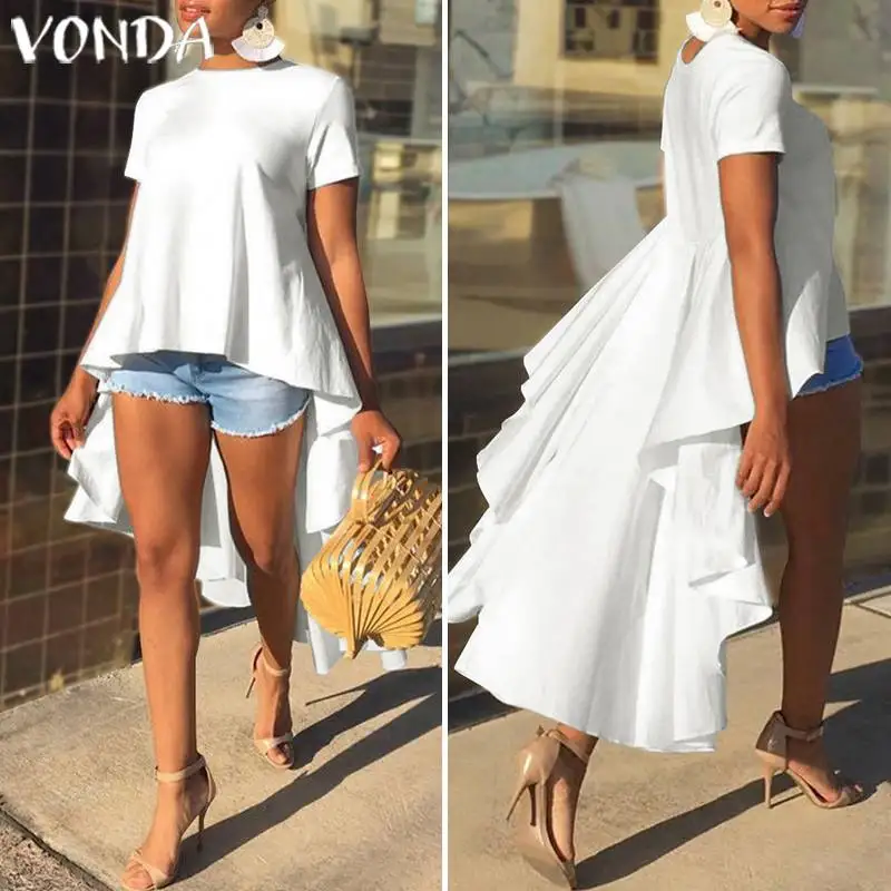 

Asymmetrical Tunic Tops Women's Blouse Spring Chemise 2019 VONDA Pleated Short Sleeve Shirt Female Swallowtail Blusas Oversized