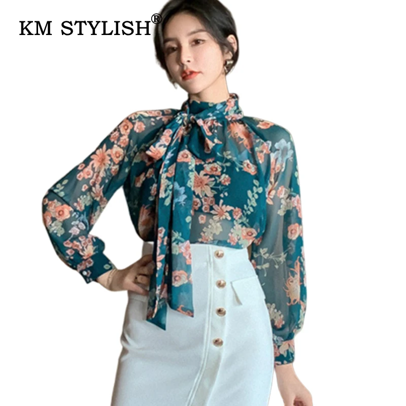 New Women Long-sleeve Blouse Floral Print Lantern Sleeve Casual Shirt Chiffon top | Женская одежда