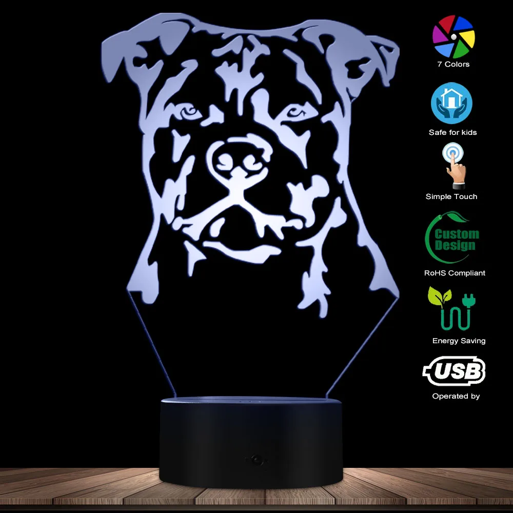 Lampe 3D à illusion d'optique, design moderne, taureau Terrier, Animal de compagnie, chien, chiot, décoration de maison, lampe de Table et de bureau