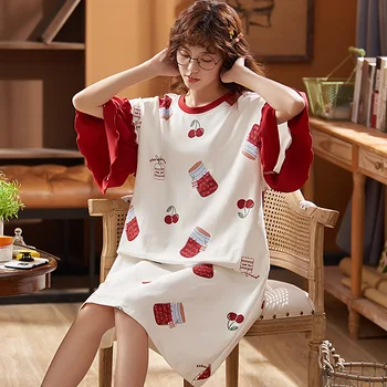 

Summer short Sleeve Round Neck sleep dress for Women Nightgowns Red Cherry Print Nightdress ladies Large Size Cotton Sleepwear
