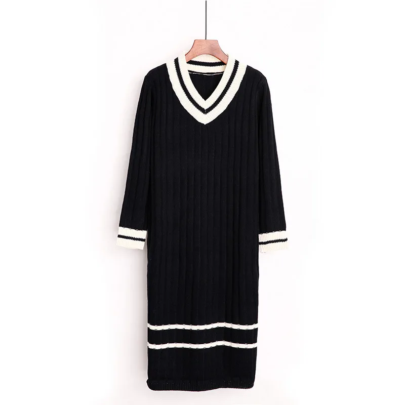 

2019 Autumn Winter Women Pullover Midi Sweaters Loose Knitted V-Neck Long Sleeve Sweaters Dress Female Warm All-Match Dress