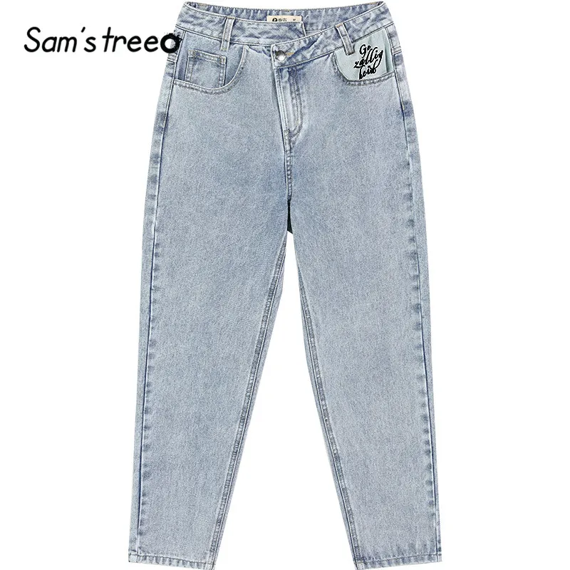SAM'S TREE/Женские повседневные джинсы синего цвета с вышитыми буквами, зимние белые простые прямые женские брюки в минималистическом стиле